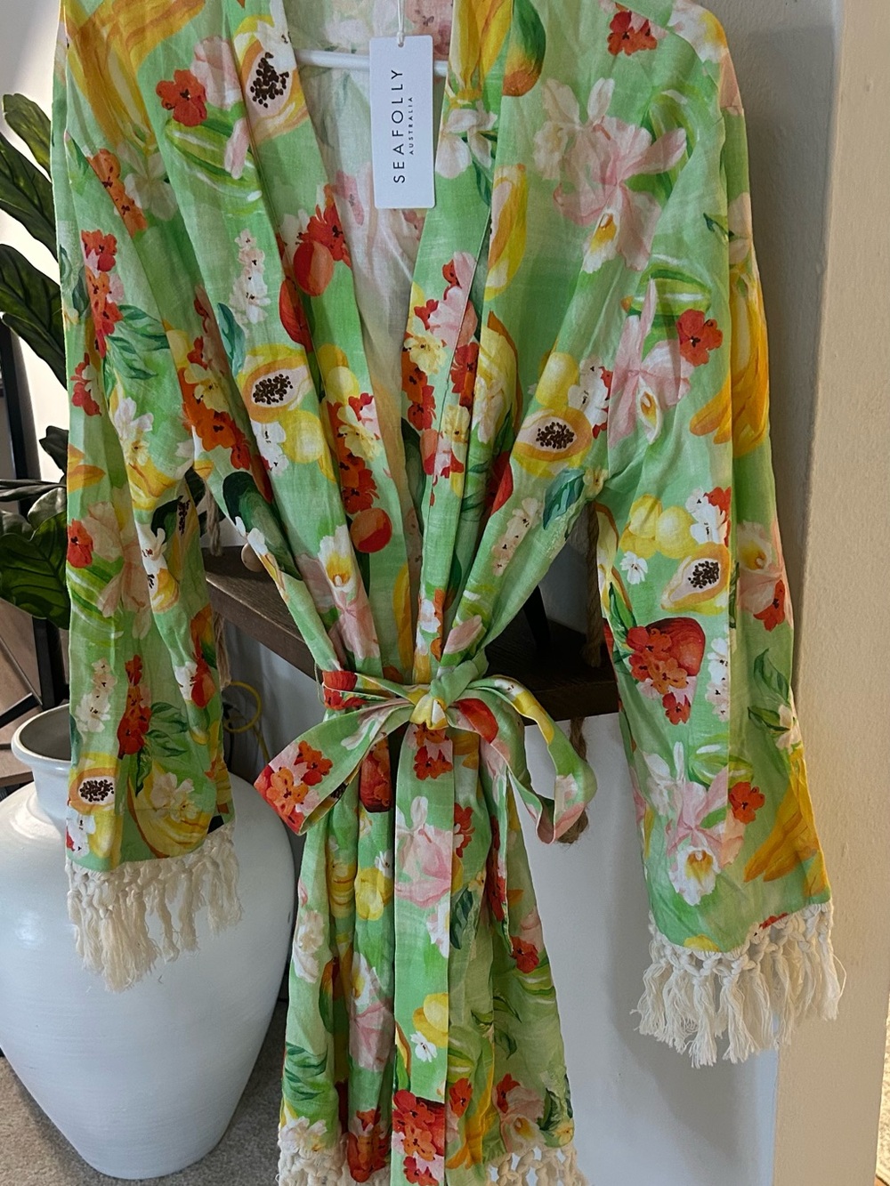 Seafolly Green Floral Tie-Waist Swim Coverup with Fringe
